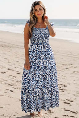 Sky Blue Boho Print Smocked High Waist Maxi Dress