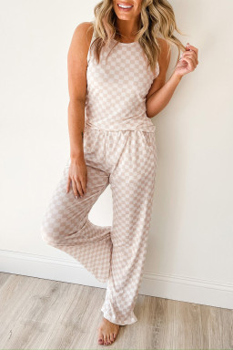 White Ribbed Texture Checkered Tank and Pants Set
