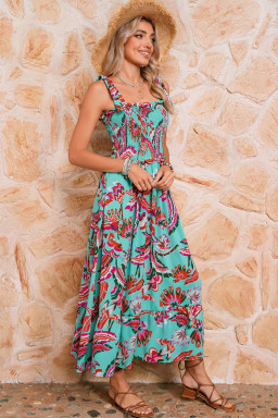 Green Abstract Print Smocked Bodice Knotted Straps Maxi Dress