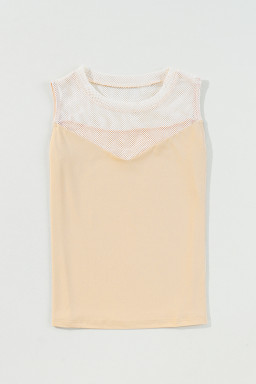 Oatmeal Mesh Patchwork Crew Neck Sleeveless Top
