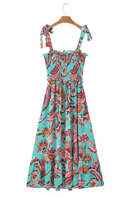 Green Abstract Print Smocked Bodice Knotted Straps Maxi Dress