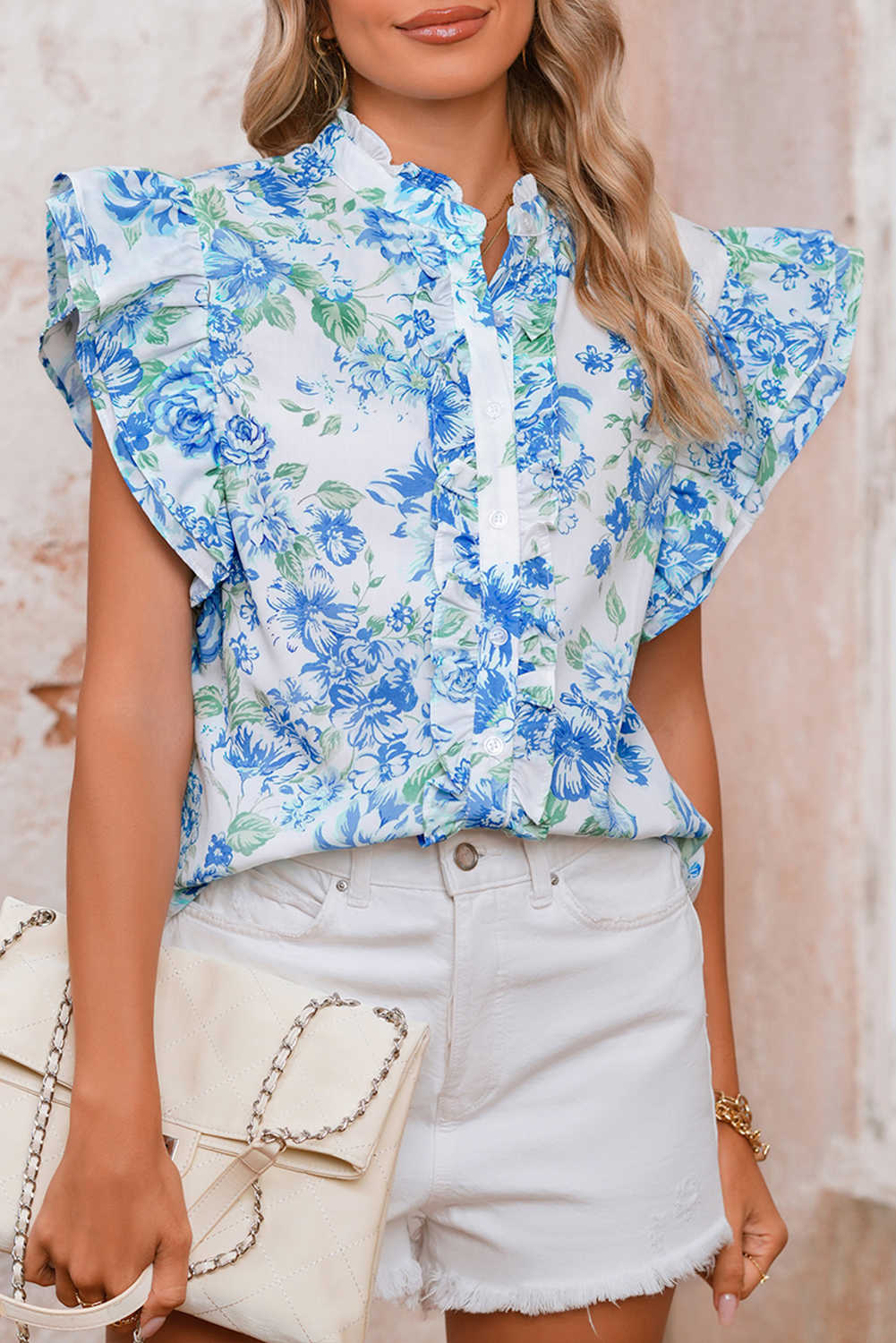 Sky Blue Floral Print Ruffle Sleeve Frill Shirt