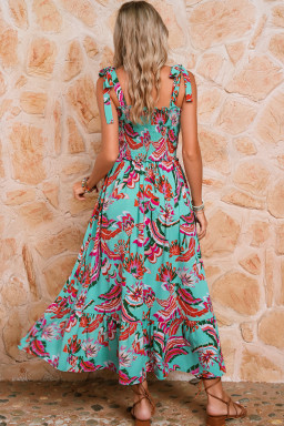 Green Abstract Print Smocked Bodice Knotted Straps Maxi Dress