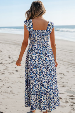Sky Blue Boho Print Smocked High Waist Maxi Dress