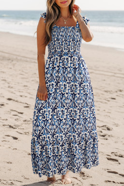 Sky Blue Boho Print Smocked High Waist Maxi Dress