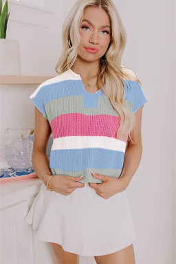 Light Blue Colorblock Notch V Neck Knit T Shirt