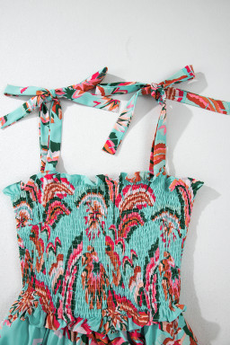 Green Abstract Print Smocked Bodice Knotted Straps Maxi Dress