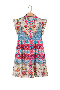 Rose Floral Ethnic Print Ruffle Mini Dress