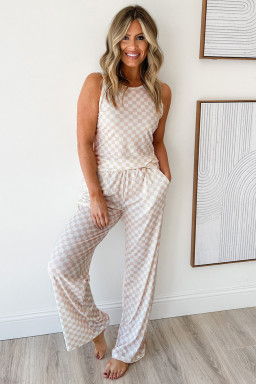 White Ribbed Texture Checkered Tank and Pants Set