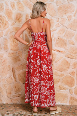 Red Floral Print Spaghetti Strap Empire Waist Maxi Dress