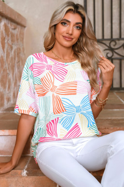 Multicolour Bowknot Print Waffle Loose Tee