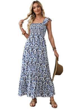 Sky Blue Boho Print Smocked High Waist Maxi Dress