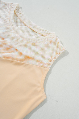 Oatmeal Mesh Patchwork Crew Neck Sleeveless Top