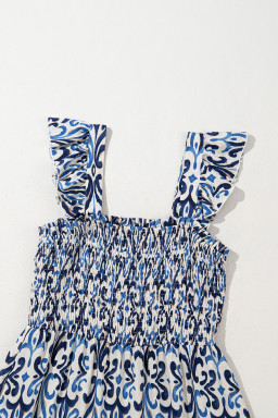 Sky Blue Boho Print Smocked High Waist Maxi Dress