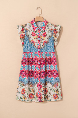 Rose Floral Ethnic Print Ruffle Mini Dress