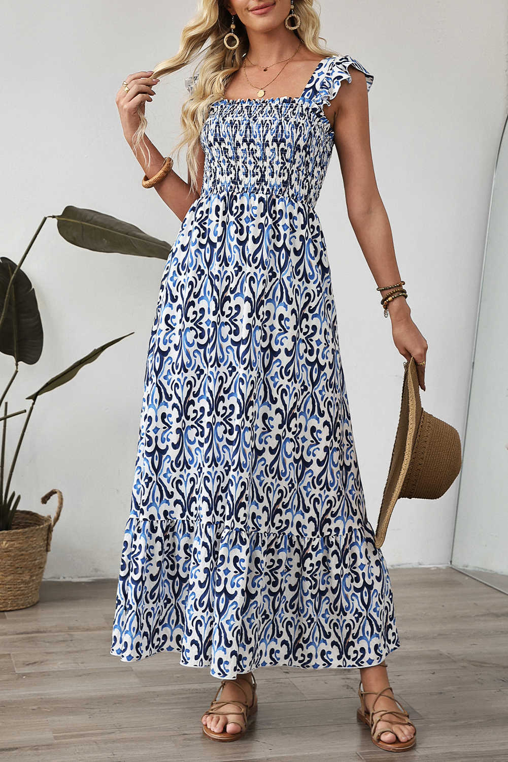 Sky Blue Boho Print Smocked High Waist Maxi Dress