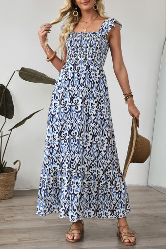Sky Blue Boho Print Smocked High Waist Maxi Dress