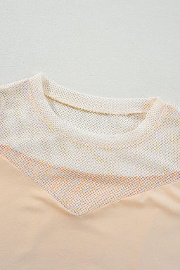 Oatmeal Mesh Patchwork Crew Neck Sleeveless Top