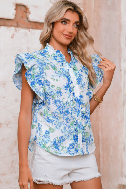 Sky Blue Floral Print Ruffle Sleeve Frill Shirt