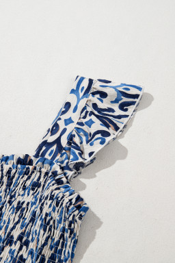 Sky Blue Boho Print Smocked High Waist Maxi Dress