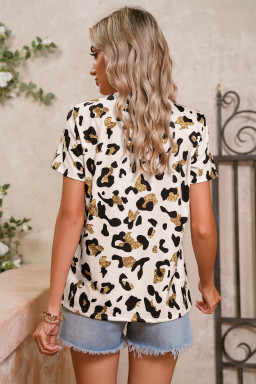 Apricot Leopard Print Round Neck Casual T Shirt