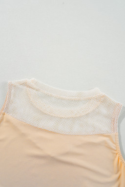 Oatmeal Mesh Patchwork Crew Neck Sleeveless Top