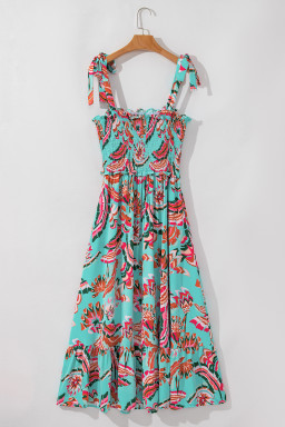 Green Abstract Print Smocked Bodice Knotted Straps Maxi Dress
