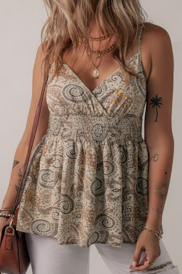 Khaki Paisley Print Spaghetti Strap V Neck Smocked Cami Top