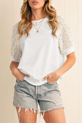 White Lace Patchwork Short Sleeve Round Neck T Shirt