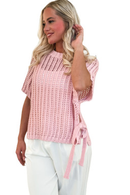 Pink Side Tie Hollow-out Crochet Knit Top