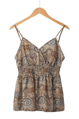 Khaki Paisley Print Spaghetti Strap V Neck Smocked Cami Top