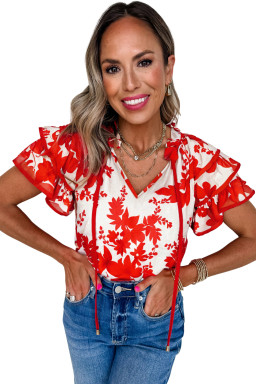 Red Plant Print Tiered Ruffle Sleeve Blouse