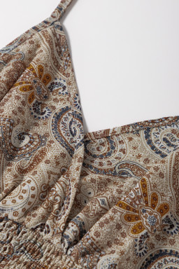Khaki Paisley Print Spaghetti Strap V Neck Smocked Cami Top
