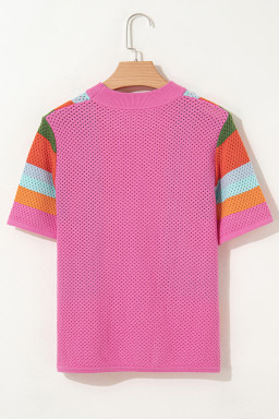 Orange Colorblock Eyelet Casual Knit T Shirt