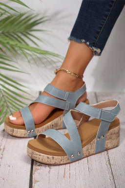 Light Blue Hollow Out Velcro Leather Wedge Slides Shoes