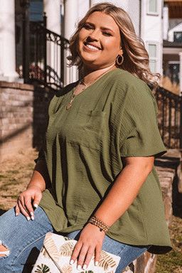 Green Solid Color V Neck Textured Plus Size Blouse