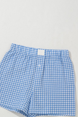 Blue Vintage Gingham Print High Waisted Loose Shorts