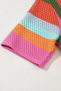 Orange Colorblock Eyelet Casual Knit T Shirt