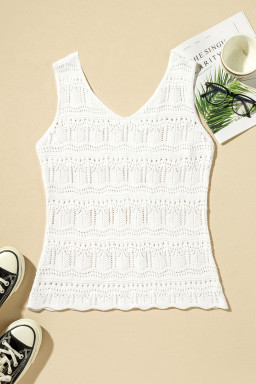 White V Neck Hollow Out Knitted Vest