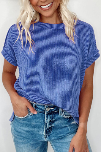 Dark Blue Crinkle Rib Textured Round Neck T Shirt