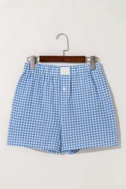 Blue Vintage Gingham Print High Waisted Loose Shorts