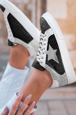 Black Glitter Star Patchwork PU Leather Lace-up Sneakers