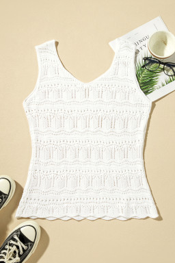 White V Neck Hollow Out Knitted Vest