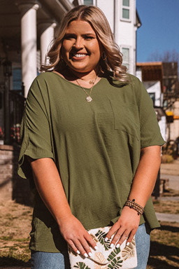 Green Solid Color V Neck Textured Plus Size Blouse