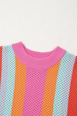 Orange Colorblock Eyelet Casual Knit T Shirt