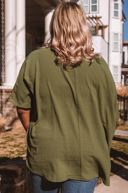 Green Solid Color V Neck Textured Plus Size Blouse