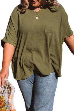 Green Solid Color V Neck Textured Plus Size Blouse