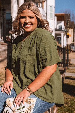 Green Solid Color V Neck Textured Plus Size Blouse