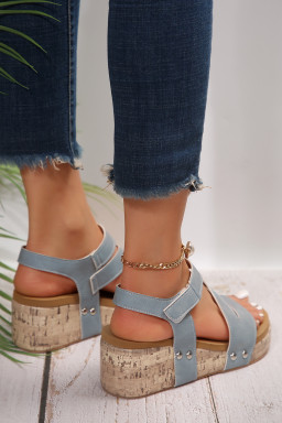 Light Blue Hollow Out Velcro Leather Wedge Slides Shoes