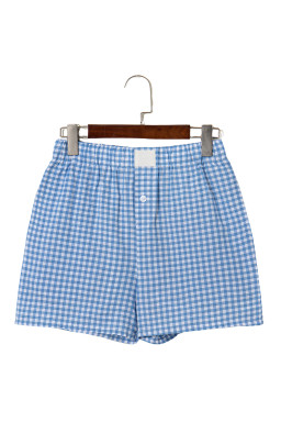 Blue Vintage Gingham Print High Waisted Loose Shorts